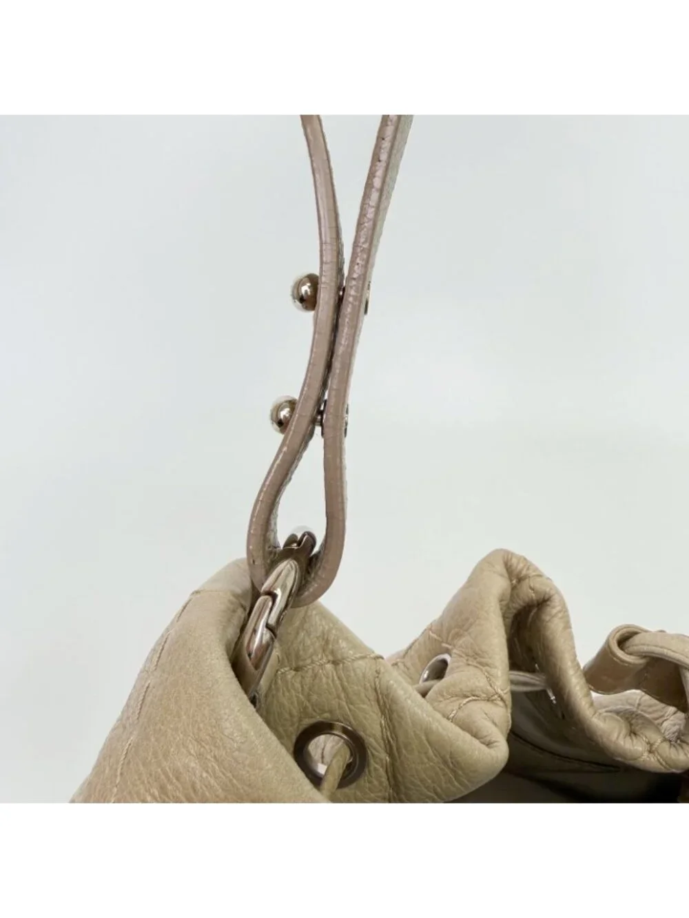 Chanel on the Road Quilted Bucket Shoulder Bag Leather Beige Silver Seal Vintage